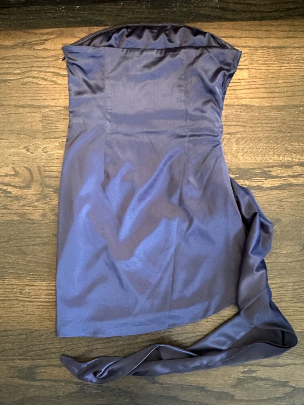 Strapless Navy Satin Ruched Evening Dress - Picture 2 of 4